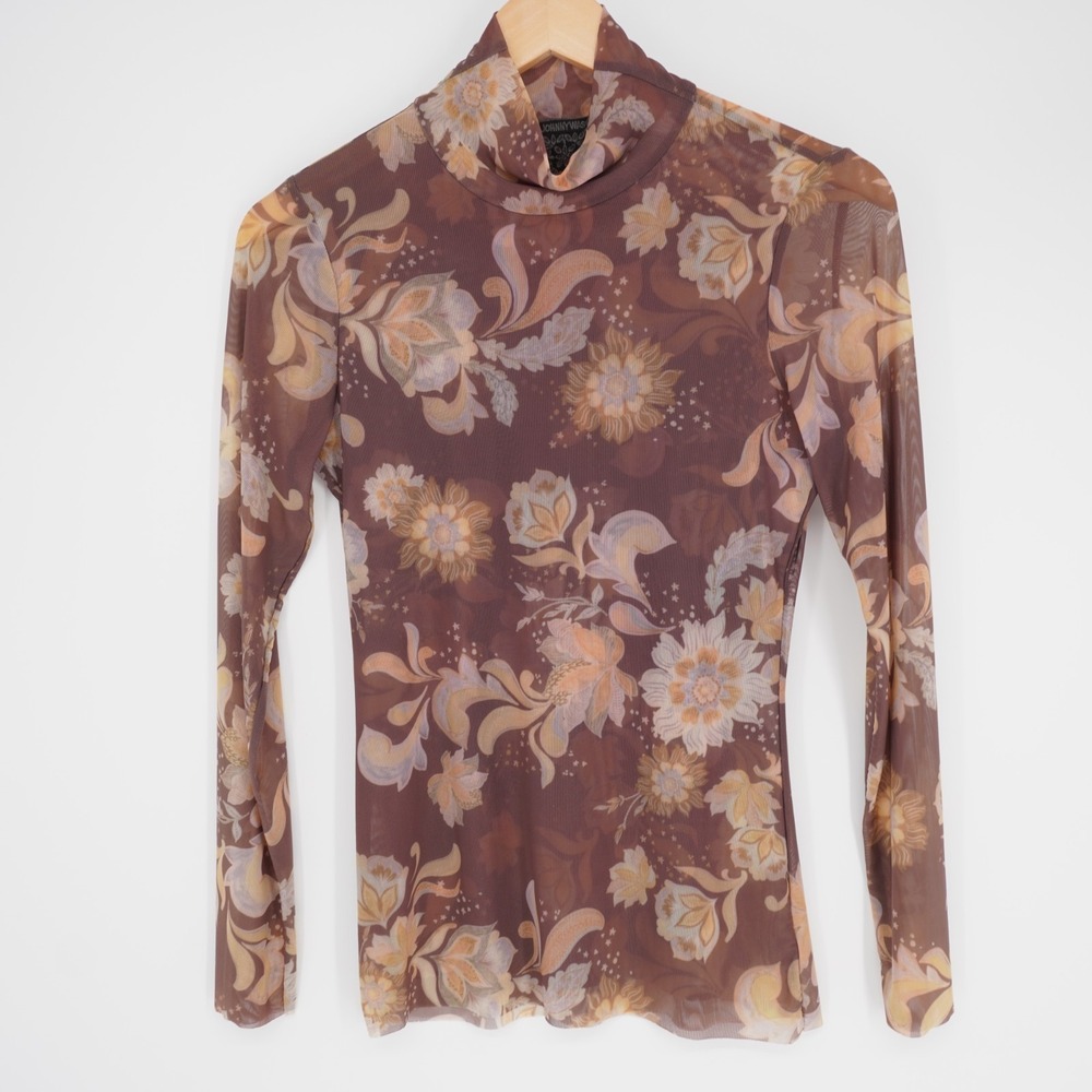 Johnny Was Jade Shirt Womens S Brown Rebecca Mesh Mock Floral Long Sleeve